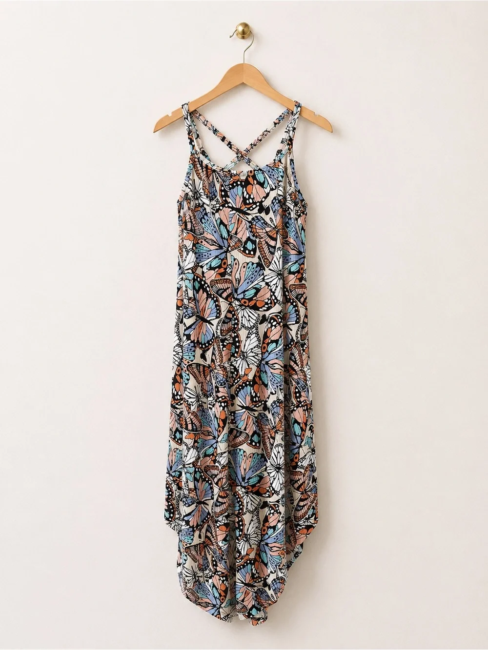 Butterfly Print High-Low Midi Dress | Size S | Crisscross Back | Boho